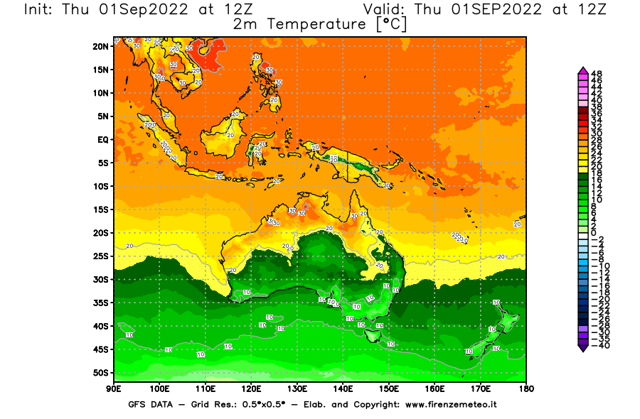 Mappa di analisi GFS - Temperatura a 2 metri dal suolo [°C] in Oceania
							del 01/09/2022 12 <!--googleoff: index-->UTC<!--googleon: index-->