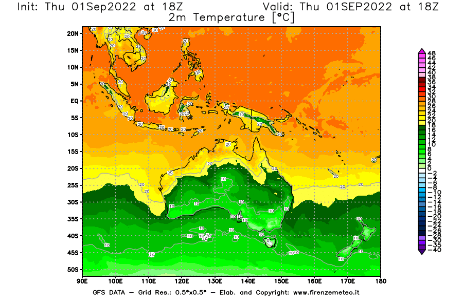 Mappa di analisi GFS - Temperatura a 2 metri dal suolo [°C] in Oceania
							del 01/09/2022 18 <!--googleoff: index-->UTC<!--googleon: index-->