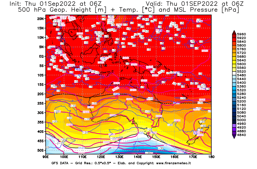GFS analysi map - Geopotential [m] + Temp. [°C] at 500 hPa + Sea Level Pressure [hPa] in Oceania
									on 01/09/2022 06 <!--googleoff: index-->UTC<!--googleon: index-->
