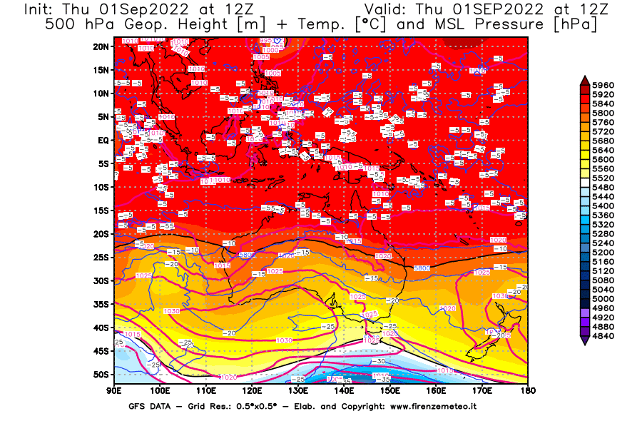 GFS analysi map - Geopotential [m] + Temp. [°C] at 500 hPa + Sea Level Pressure [hPa] in Oceania
									on 01/09/2022 12 <!--googleoff: index-->UTC<!--googleon: index-->
