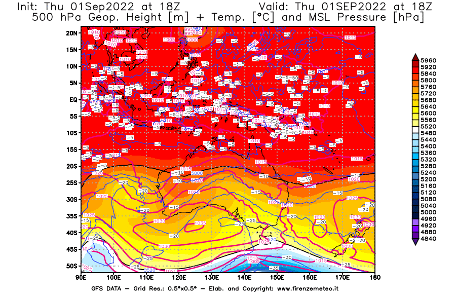 Mappa di analisi GFS - Geopotenziale [m] + Temp. [°C] a 500 hPa + Press. a livello del mare [hPa] in Oceania
							del 01/09/2022 18 <!--googleoff: index-->UTC<!--googleon: index-->