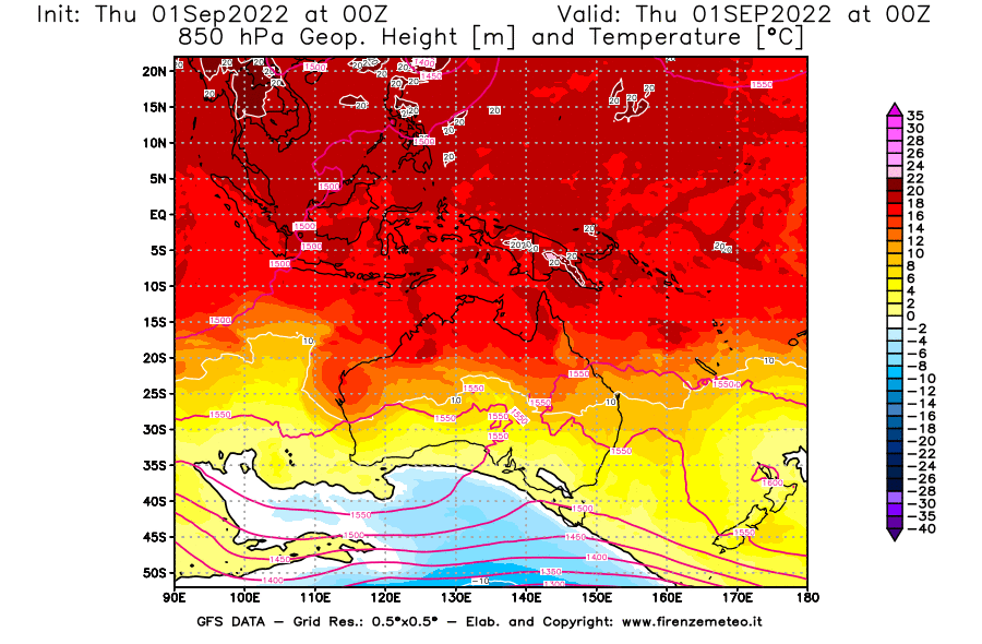 Mappa di analisi GFS - Geopotenziale [m] e Temperatura [°C] a 850 hPa in Oceania
							del 01/09/2022 00 <!--googleoff: index-->UTC<!--googleon: index-->
