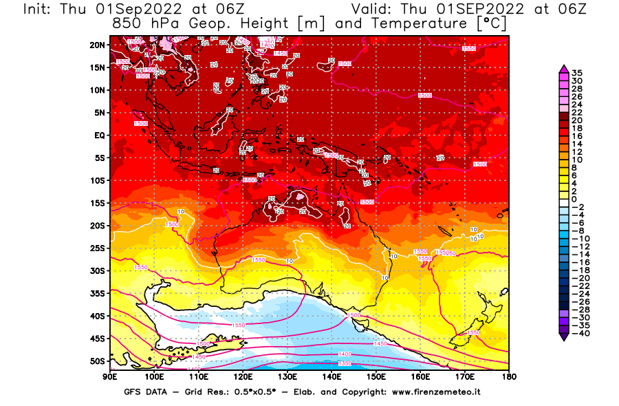 Mappa di analisi GFS - Geopotenziale [m] e Temperatura [°C] a 850 hPa in Oceania
							del 01/09/2022 06 <!--googleoff: index-->UTC<!--googleon: index-->