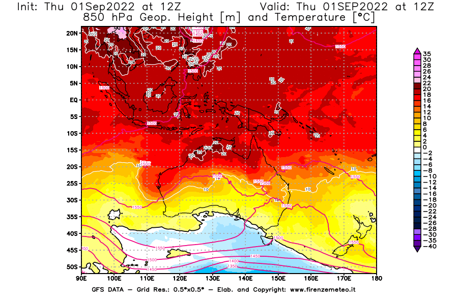 Mappa di analisi GFS - Geopotenziale [m] e Temperatura [°C] a 850 hPa in Oceania
							del 01/09/2022 12 <!--googleoff: index-->UTC<!--googleon: index-->