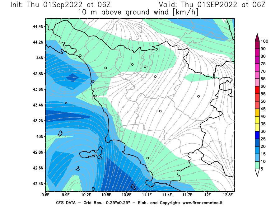 GFS analysi map - Wind Speed at 10 m above ground [km/h] in Tuscany
									on 01/09/2022 06 <!--googleoff: index-->UTC<!--googleon: index-->