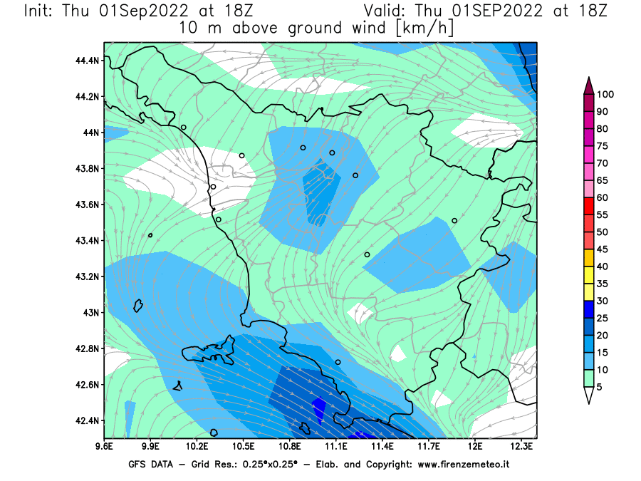GFS analysi map - Wind Speed at 10 m above ground [km/h] in Tuscany
									on 01/09/2022 18 <!--googleoff: index-->UTC<!--googleon: index-->