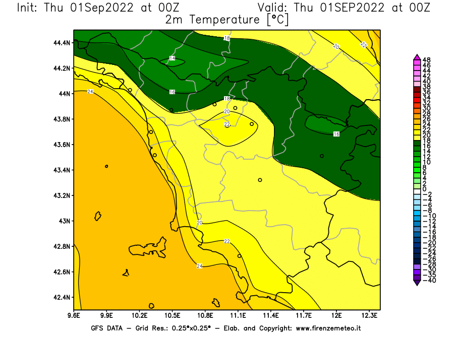 Mappa di analisi GFS - Temperatura a 2 metri dal suolo [°C] in Toscana
							del 01/09/2022 00 <!--googleoff: index-->UTC<!--googleon: index-->