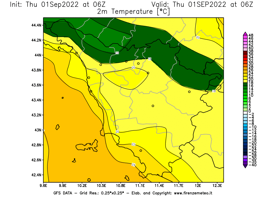 GFS analysi map - Temperature at 2 m above ground [°C] in Tuscany
									on 01/09/2022 06 <!--googleoff: index-->UTC<!--googleon: index-->