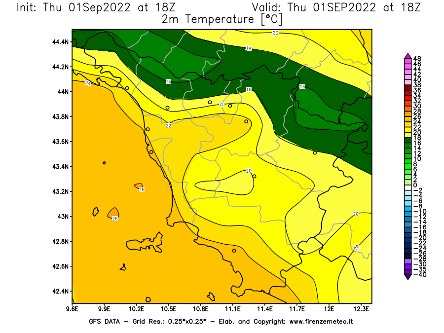 GFS analysi map - Temperature at 2 m above ground [°C] in Tuscany
									on 01/09/2022 18 <!--googleoff: index-->UTC<!--googleon: index-->