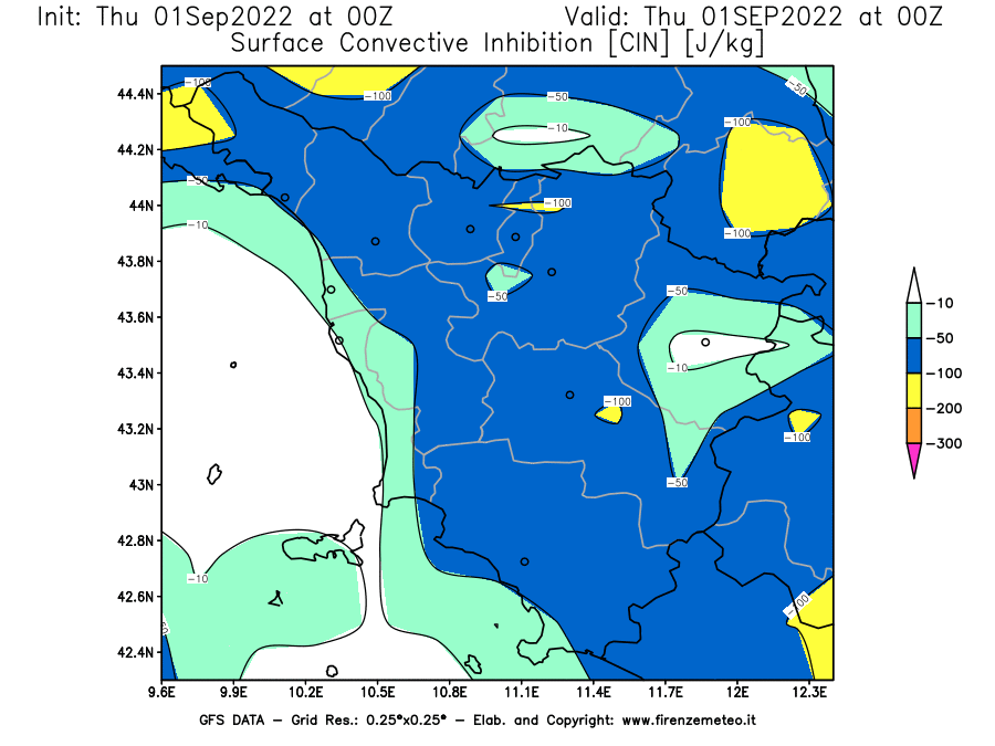 GFS analysi map - CIN [J/kg] in Tuscany
									on 01/09/2022 00 <!--googleoff: index-->UTC<!--googleon: index-->