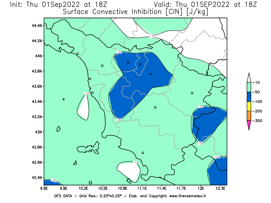 GFS analysi map - CIN [J/kg] in Tuscany
									on 01/09/2022 18 <!--googleoff: index-->UTC<!--googleon: index-->