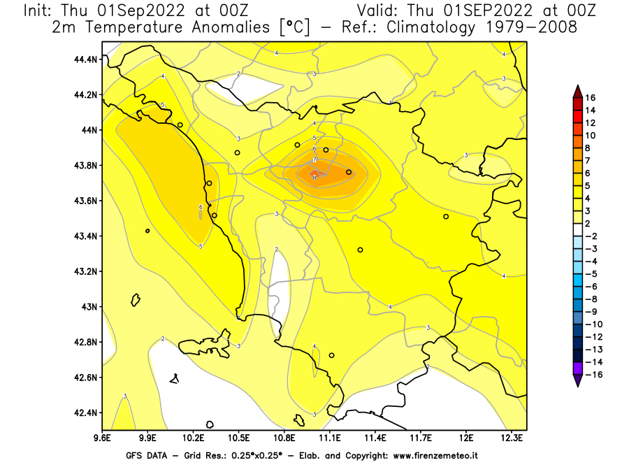 GFS analysi map - Temperature Anomalies [°C] at 2 m in Tuscany
									on 01/09/2022 00 <!--googleoff: index-->UTC<!--googleon: index-->