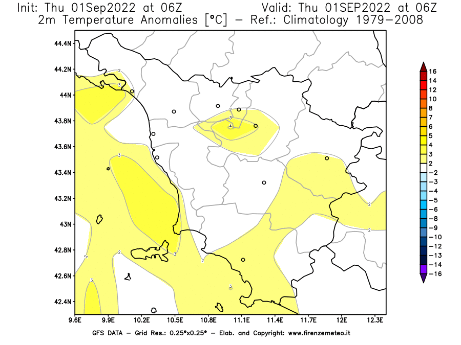 GFS analysi map - Temperature Anomalies [°C] at 2 m in Tuscany
									on 01/09/2022 06 <!--googleoff: index-->UTC<!--googleon: index-->