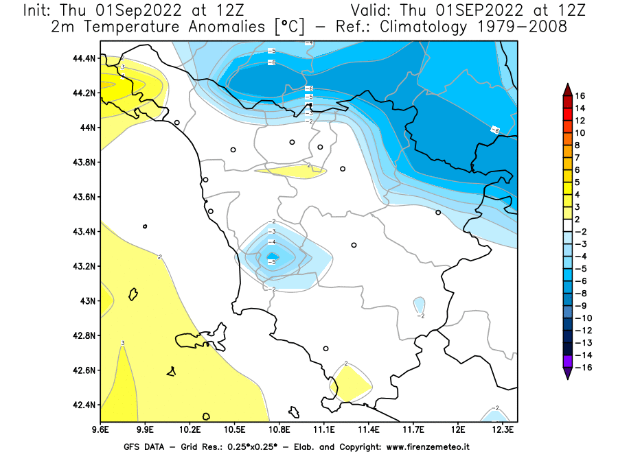 GFS analysi map - Temperature Anomalies [°C] at 2 m in Tuscany
									on 01/09/2022 12 <!--googleoff: index-->UTC<!--googleon: index-->