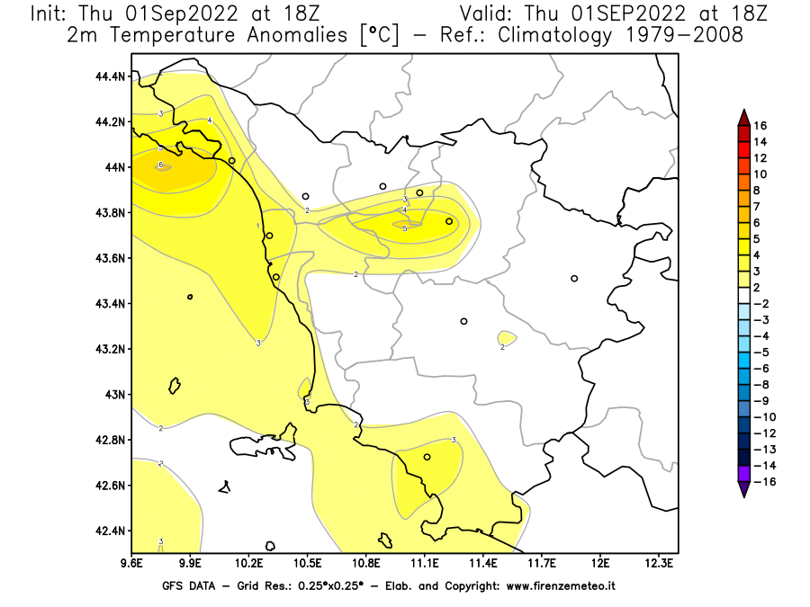 Mappa di analisi GFS - Anomalia Temperatura [°C] a 2 m in Toscana
							del 01/09/2022 18 <!--googleoff: index-->UTC<!--googleon: index-->
