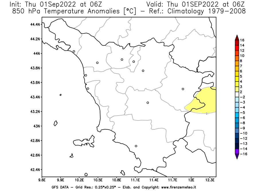 Mappa di analisi GFS - Anomalia Temperatura [°C] a 850 hPa in Toscana
							del 01/09/2022 06 <!--googleoff: index-->UTC<!--googleon: index-->