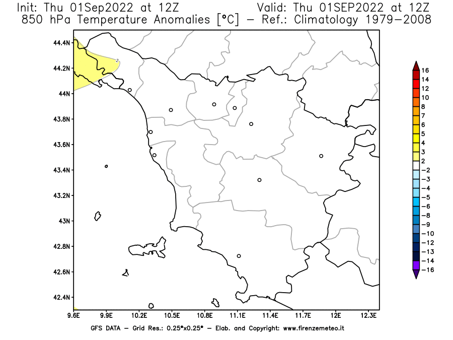 GFS analysi map - Temperature Anomalies [°C] at 850 hPa in Tuscany
									on 01/09/2022 12 <!--googleoff: index-->UTC<!--googleon: index-->
