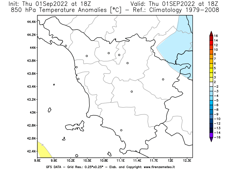 GFS analysi map - Temperature Anomalies [°C] at 850 hPa in Tuscany
									on 01/09/2022 18 <!--googleoff: index-->UTC<!--googleon: index-->