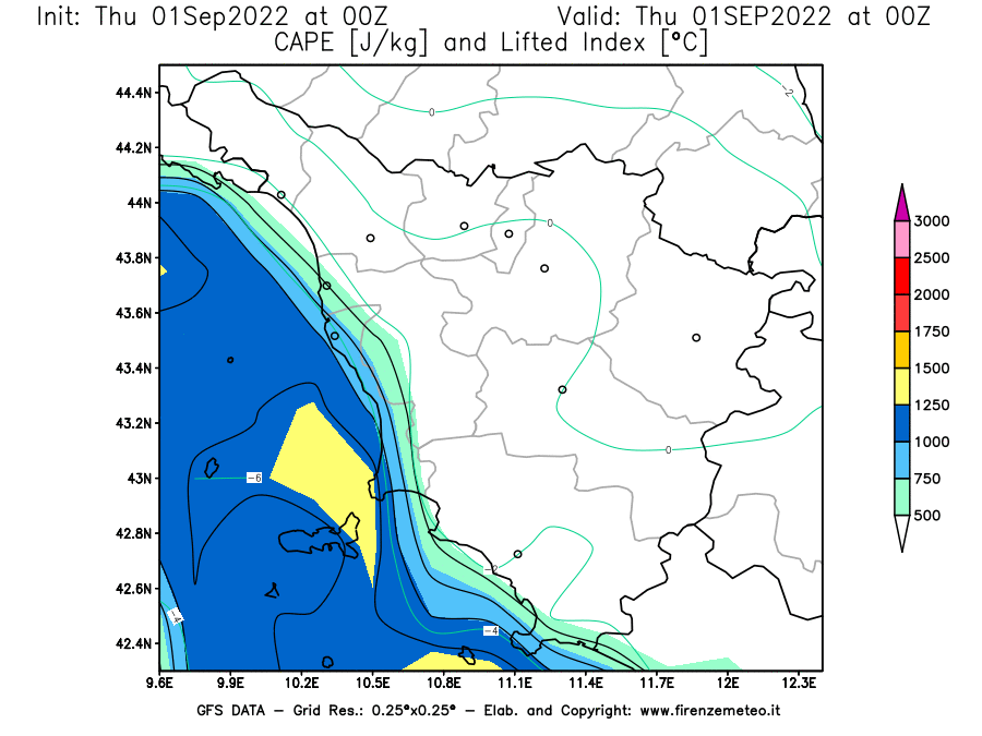 GFS analysi map - CAPE [J/kg] and Lifted Index [°C] in Tuscany
									on 01/09/2022 00 <!--googleoff: index-->UTC<!--googleon: index-->