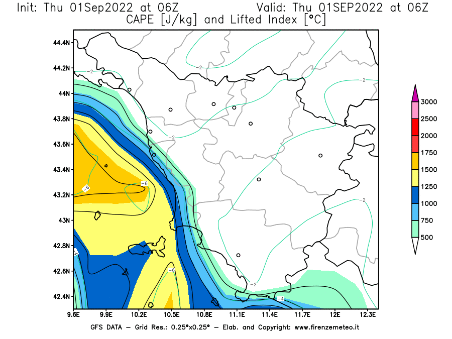GFS analysi map - CAPE [J/kg] and Lifted Index [°C] in Tuscany
									on 01/09/2022 06 <!--googleoff: index-->UTC<!--googleon: index-->