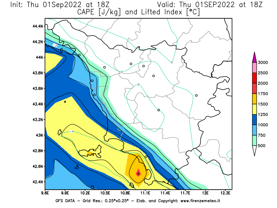 Mappa di analisi GFS - CAPE [J/kg] e Lifted Index [°C] in Toscana
							del 01/09/2022 18 <!--googleoff: index-->UTC<!--googleon: index-->