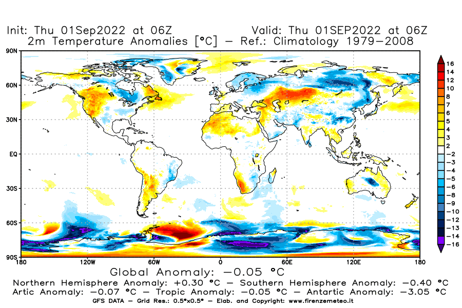 Mappa di analisi GFS - Anomalia Temperatura [°C] a 2 m in World
							del 01/09/2022 06 <!--googleoff: index-->UTC<!--googleon: index-->