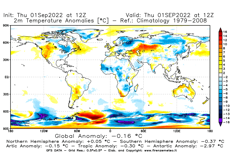 Mappa di analisi GFS - Anomalia Temperatura [°C] a 2 m in World
							del 01/09/2022 12 <!--googleoff: index-->UTC<!--googleon: index-->