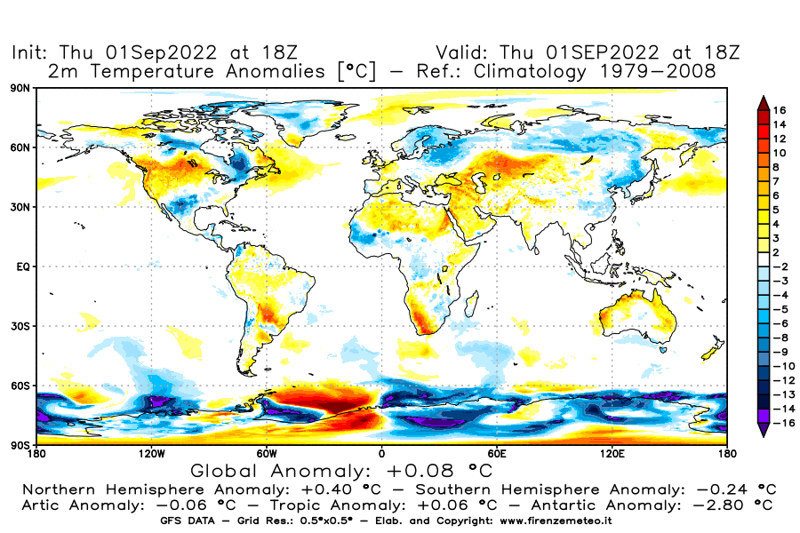 Mappa di analisi GFS - Anomalia Temperatura [°C] a 2 m in World
							del 01/09/2022 18 <!--googleoff: index-->UTC<!--googleon: index-->