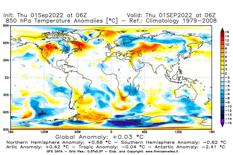 Mappa di analisi GFS - Anomalia Temperatura [°C] a 850 hPa in World
							del 01/09/2022 06 <!--googleoff: index-->UTC<!--googleon: index-->