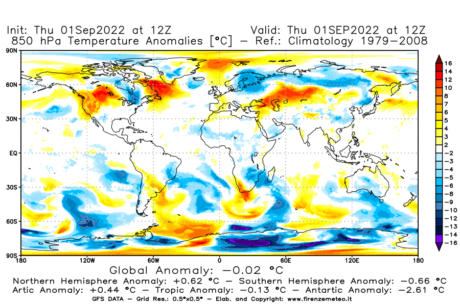 Mappa di analisi GFS - Anomalia Temperatura [°C] a 850 hPa in World
							del 01/09/2022 12 <!--googleoff: index-->UTC<!--googleon: index-->