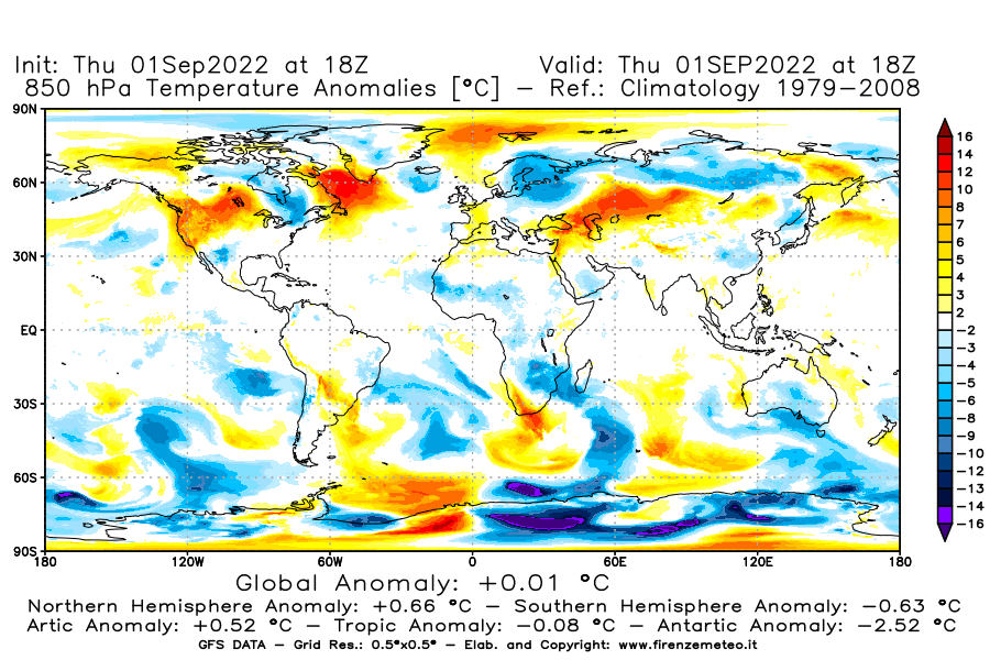 Mappa di analisi GFS - Anomalia Temperatura [°C] a 850 hPa in World
							del 01/09/2022 18 <!--googleoff: index-->UTC<!--googleon: index-->