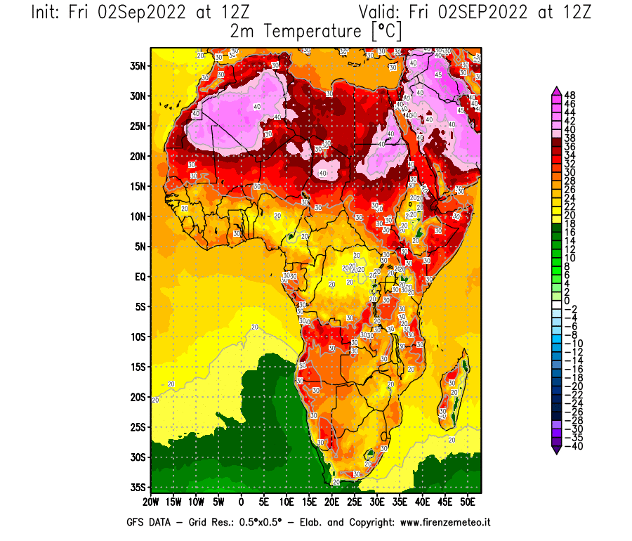 GFS analysi map - Temperature at 2 m above ground [°C] in Africa
									on 02/09/2022 12 <!--googleoff: index-->UTC<!--googleon: index-->