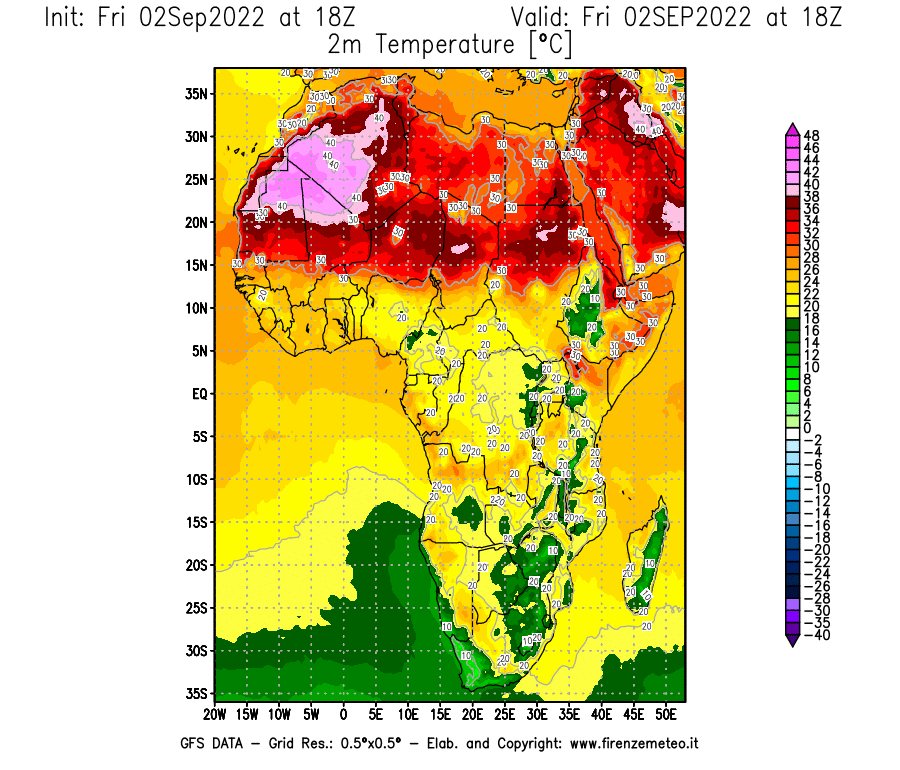 GFS analysi map - Temperature at 2 m above ground [°C] in Africa
									on 02/09/2022 18 <!--googleoff: index-->UTC<!--googleon: index-->