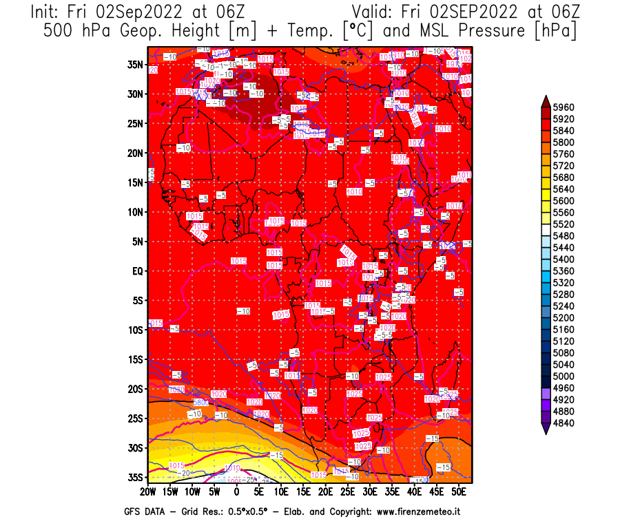 GFS analysi map - Geopotential [m] + Temp. [°C] at 500 hPa + Sea Level Pressure [hPa] in Africa
									on 02/09/2022 06 <!--googleoff: index-->UTC<!--googleon: index-->