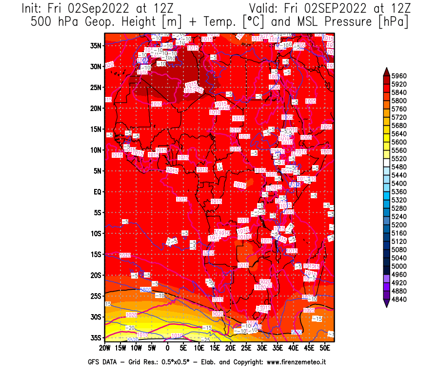 GFS analysi map - Geopotential [m] + Temp. [°C] at 500 hPa + Sea Level Pressure [hPa] in Africa
									on 02/09/2022 12 <!--googleoff: index-->UTC<!--googleon: index-->
