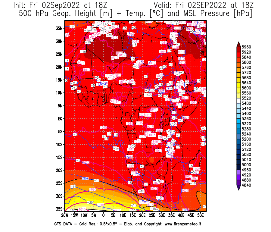 GFS analysi map - Geopotential [m] + Temp. [°C] at 500 hPa + Sea Level Pressure [hPa] in Africa
									on 02/09/2022 18 <!--googleoff: index-->UTC<!--googleon: index-->