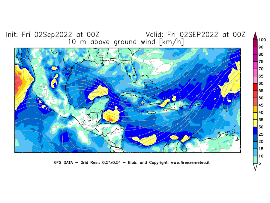 GFS analysi map - Wind Speed at 10 m above ground [km/h] in Central America
									on 02/09/2022 00 <!--googleoff: index-->UTC<!--googleon: index-->