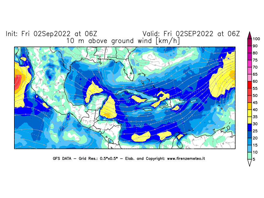 GFS analysi map - Wind Speed at 10 m above ground [km/h] in Central America
									on 02/09/2022 06 <!--googleoff: index-->UTC<!--googleon: index-->