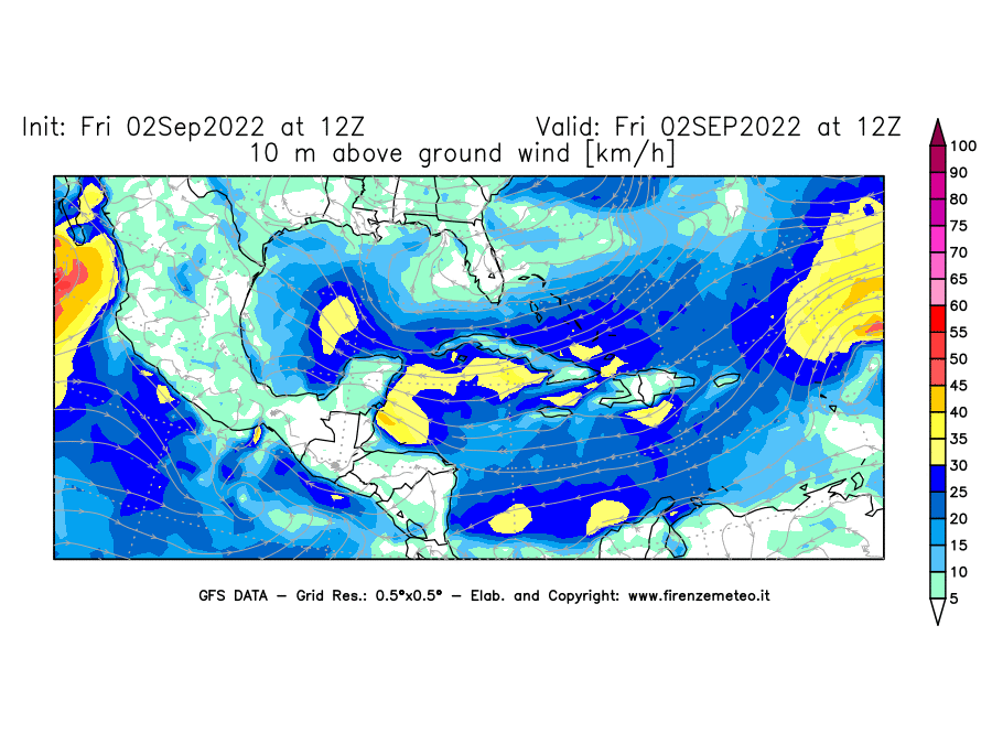 GFS analysi map - Wind Speed at 10 m above ground [km/h] in Central America
									on 02/09/2022 12 <!--googleoff: index-->UTC<!--googleon: index-->