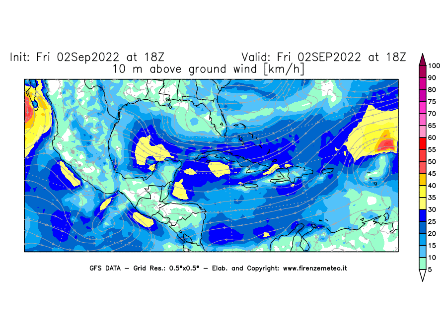 GFS analysi map - Wind Speed at 10 m above ground [km/h] in Central America
									on 02/09/2022 18 <!--googleoff: index-->UTC<!--googleon: index-->