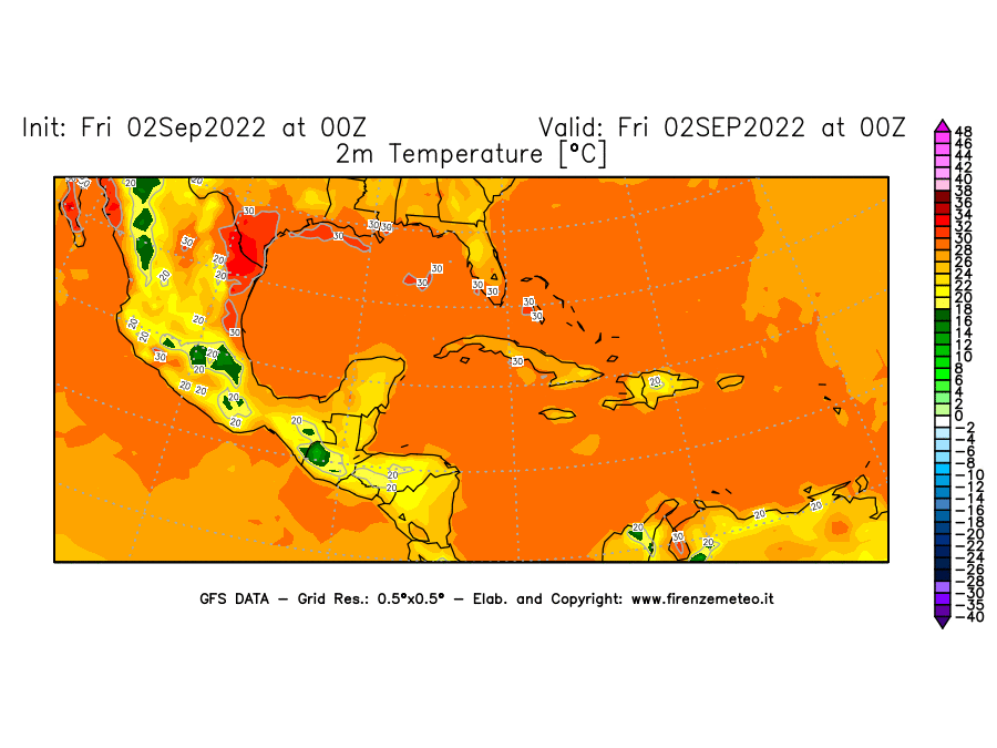 GFS analysi map - Temperature at 2 m above ground [°C] in Central America
									on 02/09/2022 00 <!--googleoff: index-->UTC<!--googleon: index-->