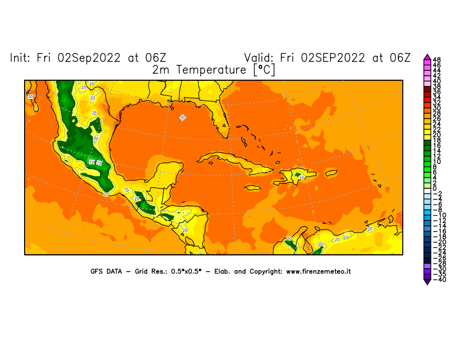 GFS analysi map - Temperature at 2 m above ground [°C] in Central America
									on 02/09/2022 06 <!--googleoff: index-->UTC<!--googleon: index-->