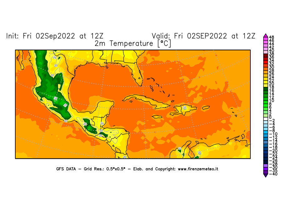 GFS analysi map - Temperature at 2 m above ground [°C] in Central America
									on 02/09/2022 12 <!--googleoff: index-->UTC<!--googleon: index-->