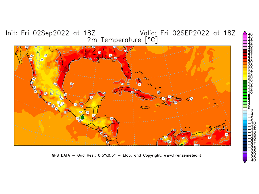 GFS analysi map - Temperature at 2 m above ground [°C] in Central America
									on 02/09/2022 18 <!--googleoff: index-->UTC<!--googleon: index-->