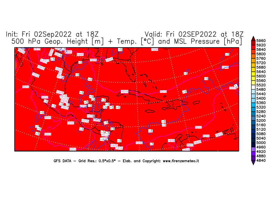 GFS analysi map - Geopotential [m] + Temp. [°C] at 500 hPa + Sea Level Pressure [hPa] in Central America
									on 02/09/2022 18 <!--googleoff: index-->UTC<!--googleon: index-->