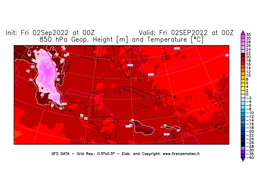 GFS analysi map - Geopotential [m] and Temperature [°C] at 850 hPa in Central America
									on 02/09/2022 00 <!--googleoff: index-->UTC<!--googleon: index-->