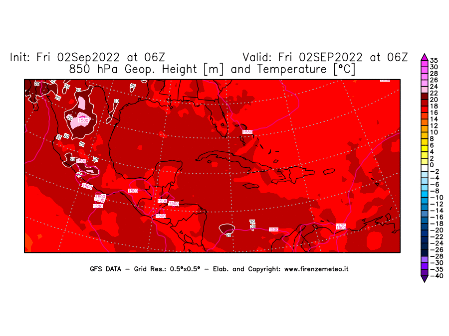 GFS analysi map - Geopotential [m] and Temperature [°C] at 850 hPa in Central America
									on 02/09/2022 06 <!--googleoff: index-->UTC<!--googleon: index-->