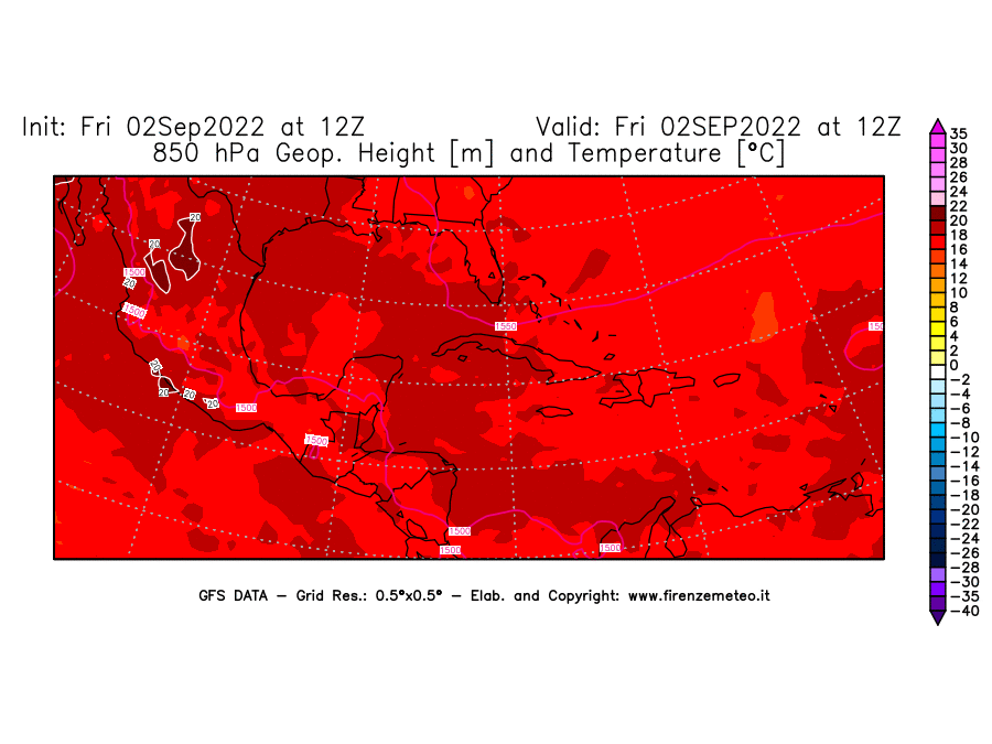 GFS analysi map - Geopotential [m] and Temperature [°C] at 850 hPa in Central America
									on 02/09/2022 12 <!--googleoff: index-->UTC<!--googleon: index-->