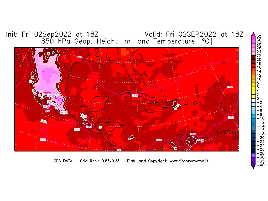GFS analysi map - Geopotential [m] and Temperature [°C] at 850 hPa in Central America
									on 02/09/2022 18 <!--googleoff: index-->UTC<!--googleon: index-->