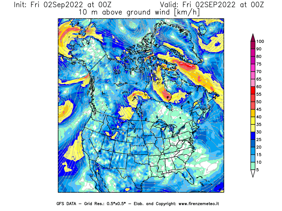 GFS analysi map - Wind Speed at 10 m above ground [km/h] in North America
									on 02/09/2022 00 <!--googleoff: index-->UTC<!--googleon: index-->